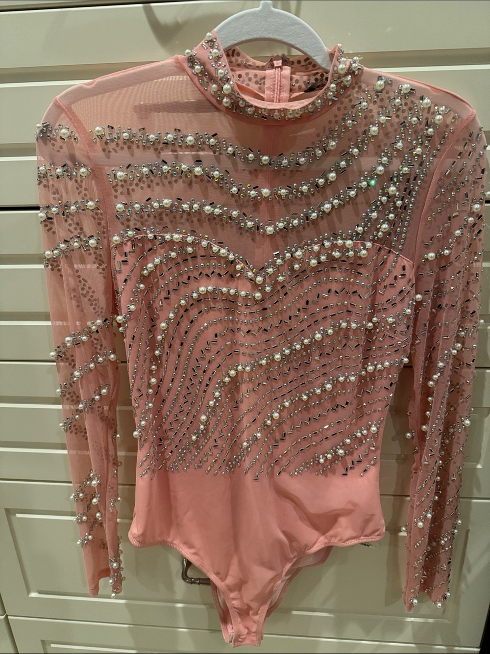 Banjul Pink Pearl & Crystal Embellished Mesh Bodysuit